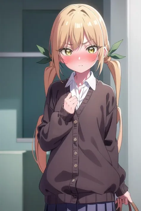 karaneinda, <lyco:karaneinda-lyco-nochekaiser:0.8>,
karane inda, blonde hair, (yellow eyes:1.5), hair ribbon, twintails, low twintails, long hair, (green ribbon:1.2), <lora:yudedako_noline_cheek_v100:1>, embarrassed,
BREAK skirt, shirt, school uniform, white shirt, pleated skirt, cardigan, white shirt, collar, black skirt, brown cardigan, long sleeves,
BREAK looking at viewer,
BREAK indoors, classroom, (cowboy shot:1.5),
BREAK <lyco:GoodHands-beta2:1>, (masterpiece:1.2), best quality, high resolution, unity 8k wallpaper, (illustration:0.8), (beautiful detailed eyes:1.6), extremely detailed face, perfect lighting, extremely detailed CG, (perfect hands, perfect anatomy),