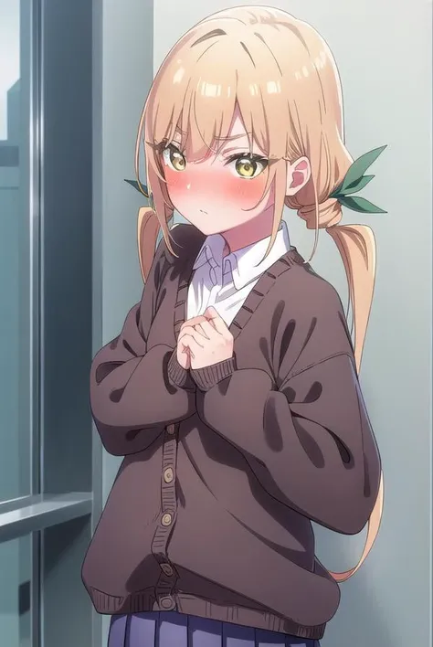karaneinda, <lyco:karaneinda-lyco-nochekaiser:0.8>,
karane inda, blonde hair, (yellow eyes:1.5), hair ribbon, twintails, low twintails, long hair, (green ribbon:1.2), <lora:yudedako_noline_cheek_v100:1>, embarrassed,
BREAK skirt, shirt, school uniform, white shirt, pleated skirt, cardigan, white shirt, collar, black skirt, brown cardigan, long sleeves,
BREAK looking at viewer,
BREAK indoors, classroom, (cowboy shot:1.5),
BREAK <lyco:GoodHands-beta2:1>, (masterpiece:1.2), best quality, high resolution, unity 8k wallpaper, (illustration:0.8), (beautiful detailed eyes:1.6), extremely detailed face, perfect lighting, extremely detailed CG, (perfect hands, perfect anatomy),