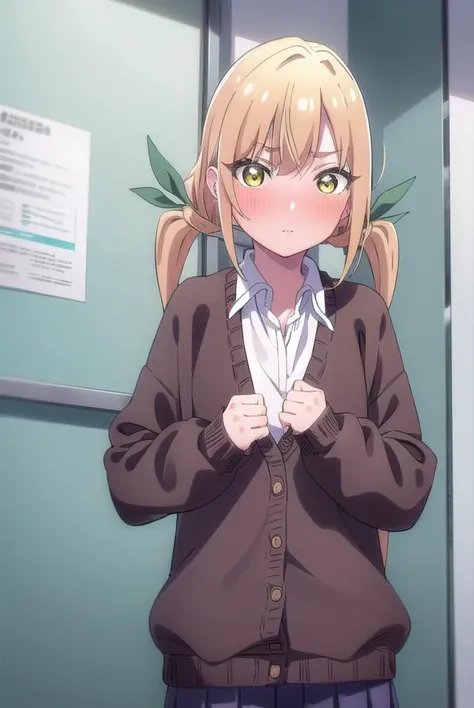 karaneinda, <lyco:karaneinda-lyco-nochekaiser:0.8>,
karane inda, blonde hair, (yellow eyes:1.5), hair ribbon, twintails, low twintails, long hair, (green ribbon:1.2), <lora:yudedako_noline_cheek_v100:1>, embarrassed,
BREAK skirt, shirt, school uniform, white shirt, pleated skirt, cardigan, white shirt, collar, black skirt, brown cardigan, long sleeves,
BREAK looking at viewer,
BREAK indoors, classroom, (cowboy shot:1.5),
BREAK <lyco:GoodHands-beta2:1>, (masterpiece:1.2), best quality, high resolution, unity 8k wallpaper, (illustration:0.8), (beautiful detailed eyes:1.6), extremely detailed face, perfect lighting, extremely detailed CG, (perfect hands, perfect anatomy),