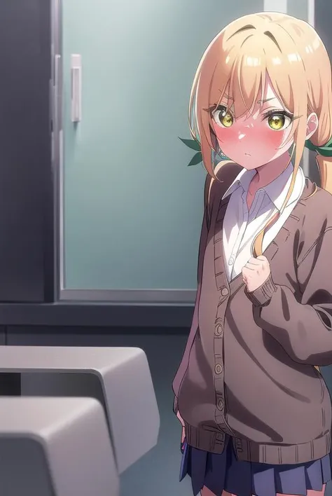 karaneinda, <lyco:karaneinda-lyco-nochekaiser:0.8>,
karane inda, blonde hair, (yellow eyes:1.5), hair ribbon, twintails, low twintails, long hair, (green ribbon:1.2), <lora:yudedako_noline_cheek_v100:1>, embarrassed,
BREAK skirt, shirt, school uniform, white shirt, pleated skirt, cardigan, white shirt, collar, black skirt, brown cardigan, long sleeves,
BREAK looking at viewer,
BREAK indoors, classroom, (cowboy shot:1.5),
BREAK <lyco:GoodHands-beta2:1>, (masterpiece:1.2), best quality, high resolution, unity 8k wallpaper, (illustration:0.8), (beautiful detailed eyes:1.6), extremely detailed face, perfect lighting, extremely detailed CG, (perfect hands, perfect anatomy),