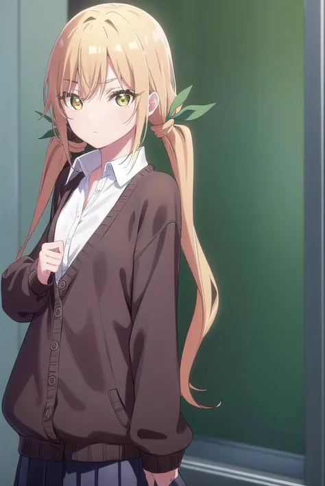 karaneinda, <lyco:karaneinda-lyco-nochekaiser:0.8>,
karane inda, blonde hair, (yellow eyes:1.5), hair ribbon, twintails, low twintails, long hair, (green ribbon:1.2),
BREAK skirt, shirt, school uniform, white shirt, pleated skirt, cardigan, white shirt, collar, black skirt, brown cardigan, long sleeves,
BREAK looking at viewer,
BREAK indoors, classroom, (cowboy shot:1.5),
BREAK <lyco:GoodHands-beta2:1>, (masterpiece:1.2), best quality, high resolution, unity 8k wallpaper, (illustration:0.8), (beautiful detailed eyes:1.6), extremely detailed face, perfect lighting, extremely detailed CG, (perfect hands, perfect anatomy),