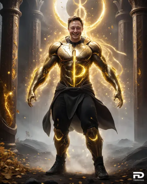 (elon musk) ,radagon of the golden order,laughing like a maniac,muscular,prosthetic,glowing effects,epic,gldnorderxl,((realistic)),masterpiece,awardwinning,128K UHD,pi, fBm ,sharp focus, wide angle lens, trending on artstation and deviantart, <lora:goldenorderxl-step00000408:0.9>,raw photo,:D