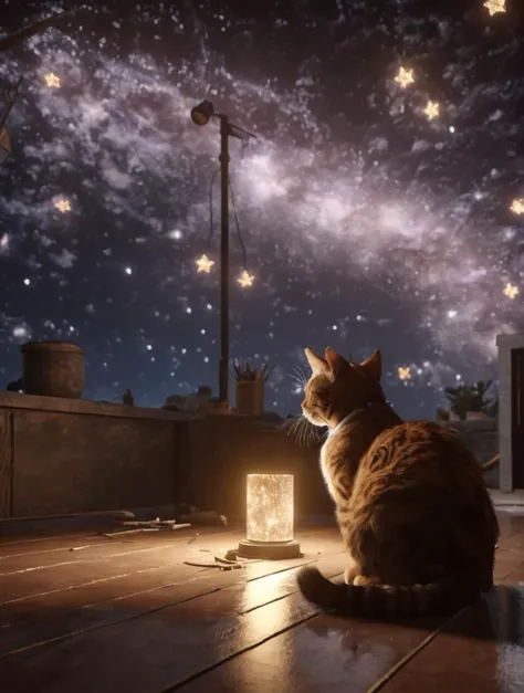 starscourgexl cat,scenery with glowing falling electricity stars in the background,awardwinning,masterpiece,((realistic)),128k UHD,octane render,sharp focus,trending on artstation,raw photograpy, <lora:Starscourgexl-step00000357:0.9>,((no humans))