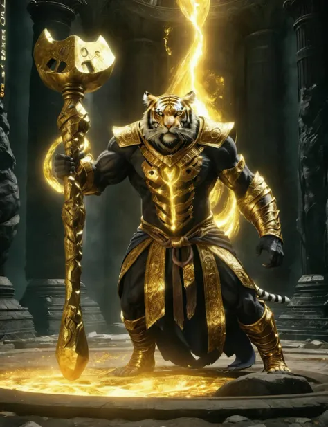 a tiger of the golden order,holding hammer,glowing effects,statue,animal,epic,gldnorderxl,realistic,masterpiece,awardwinning,128K UHD,pi, fBm ,sharp focus, wide angle lens, trending on artstation and deviantart,