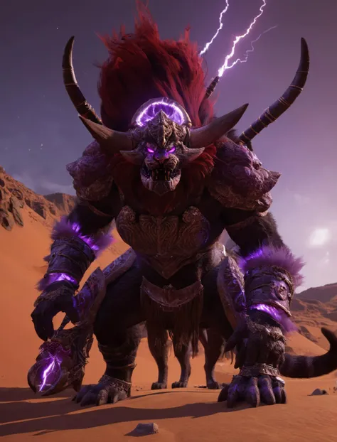 starscourgexl (cat:1.5),full armor,a demonic creature,giant monster,glowing purple electricity,horned helmet,red fur,tusks,red desert in the background,epic,awardwinning,masterpiece,((realistic)),128k UHD,octane render,sharp focus,trending on artstation,raw photograpy, <lora:Starscourgexl-step00000357:0.65>