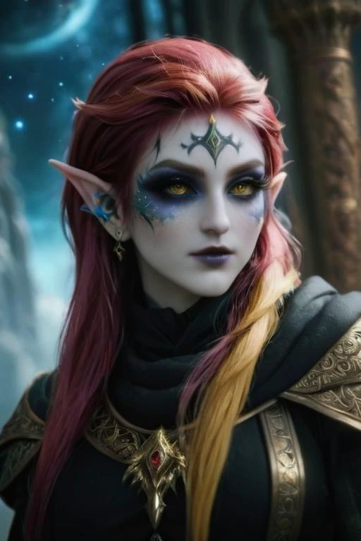 gldnorderxl, radagon of the golden order, glowing effects (gothic elf girl: 1.3), eyeliner, makeup, tattoos, multicolored hair, detailed background, nebula, intricate details, masterpiece, (perfect face: 1.2) <lora:goldenorderxl-step00000408:1>