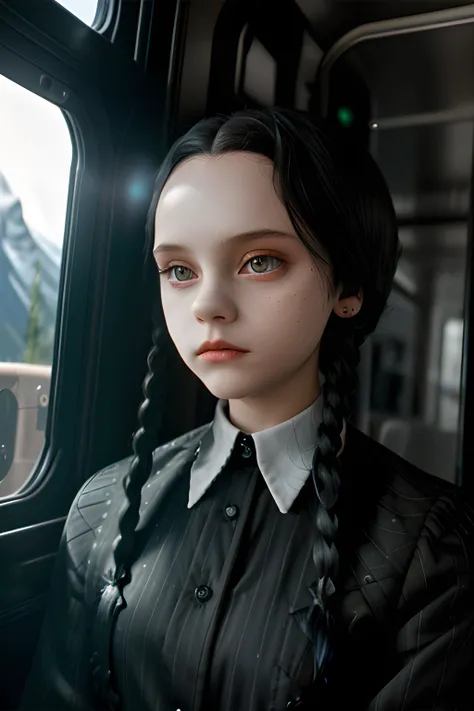 wednesday90 <lora:wednesday90:1>, a girl walking inside a train, train interior, motion effect, blurred background, afternoon, dusk, black boots, looking at window, pale skin, white skin, black clothes, black dress, full dressed, one piece dress, (main black color:1.4), black hair, twin braids, braids, white dress collar, best quality ,masterpiece, ultra high res,photorealistic,1girl, (european:1.5), expressionless, wider shot, particles, night,, mountains, cinematic look, magical atmosphere, augmentations, insane details, cold hues, gothic setting, fair blue filter, well-lit