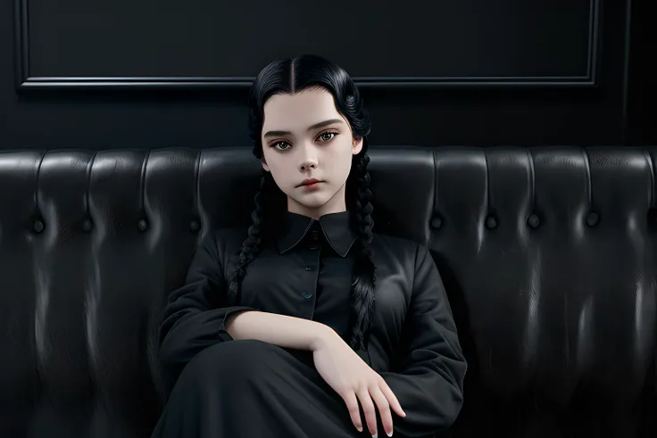 wednesday90 <lora:wednesday90:1>, a girl reading, lying on a couch, black leather couch, , twin braids, pale skin, white skin, black clothes, long dress, black dress, black leggings, full dressed, one piece dress, (main black color:1.4), black hair, twin braids, braids, white dress collar, best quality ,masterpiece, ultra high res,photorealistic,1girl, (european:1.5), expressionless, ((wider shot)), particles, night, cinematic look, augmentations, insane details, cold hues, gothic setting, fair blue filter, blue colored lights