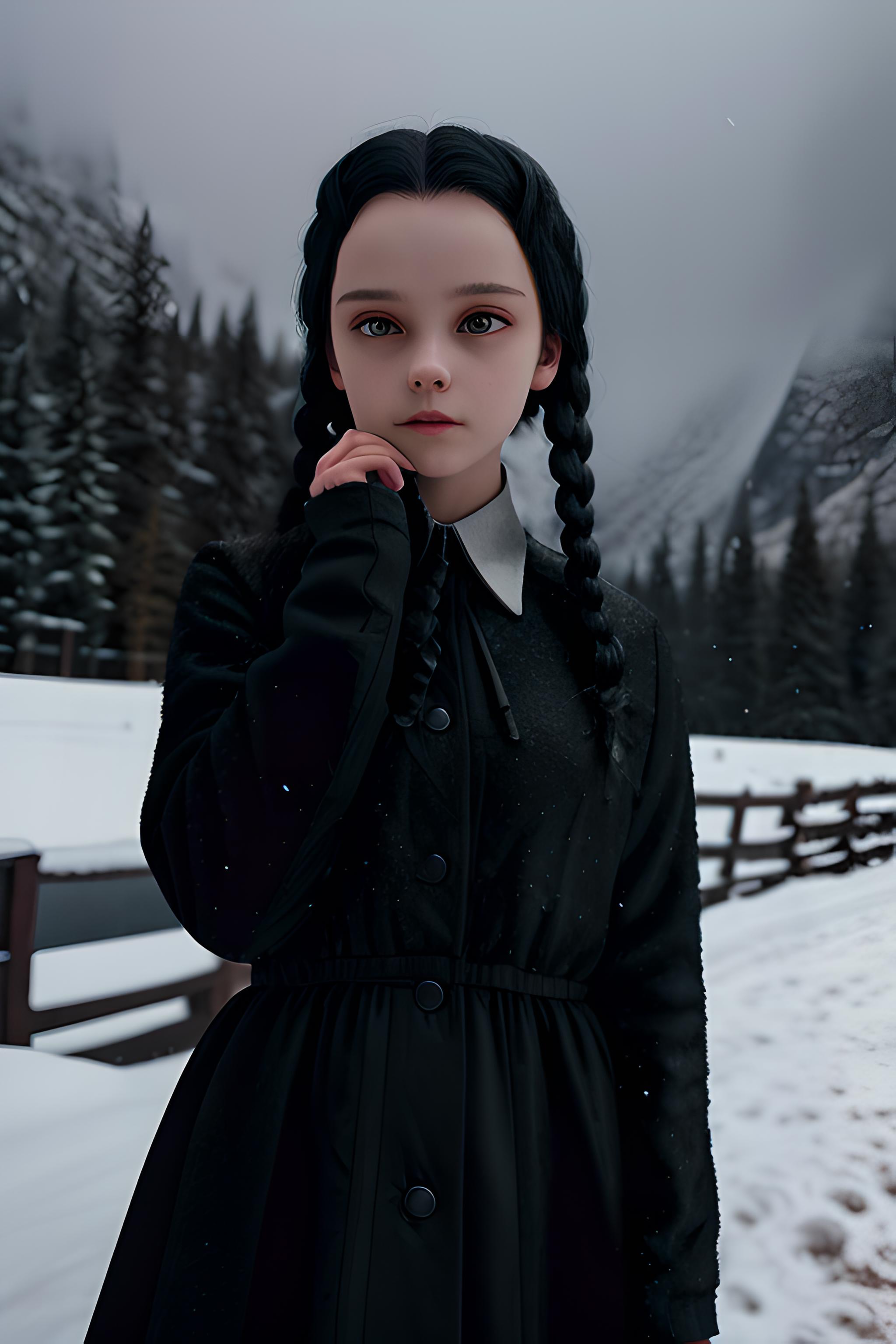 There is a woman in a black dress standing in the snow - SeaArt AI