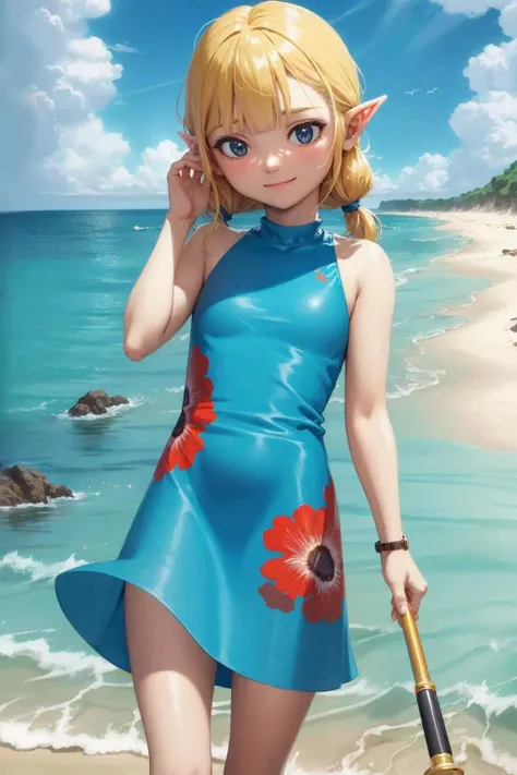 masterpiece, highres, raw, <lora:aryll:0.95>, aryll, dark background, black background, blue dress, flower print, ocean, beach, cliff, red telescope, lagoon, spyglass,