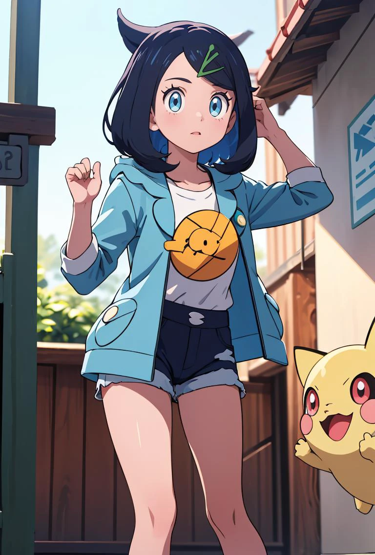 (masterpiece, best quality), 1girl, <lora:Liko_Pokemon_v2:0.8> liko (pokemon), blue hair, hair clip, white shirt, hooded jacket, open jacket, denim shorts,