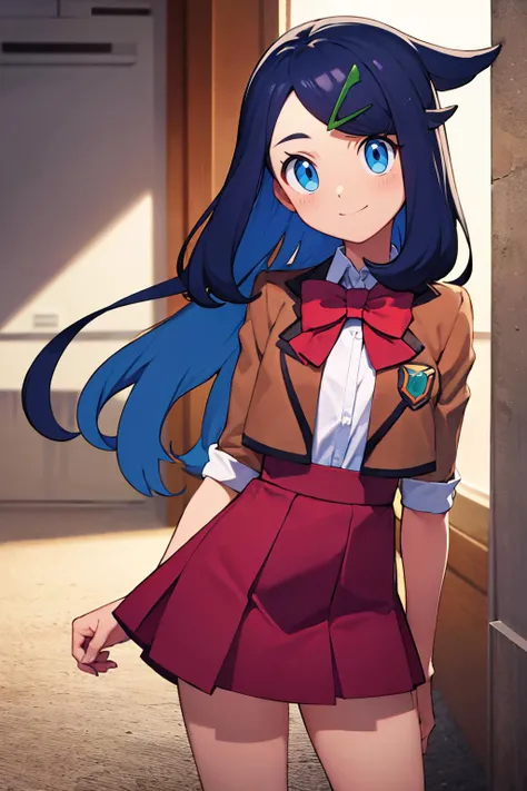 ((masterpiece,best quality)), absurdres, <lora:Liko_Pokemon_v2:0.8>,  liko (pokemon), blue hair, hair clip,  brown skirt, white shirt, red bow, school uniform, brown jacket,  smile, looking at viewer, cowboy shot,  contrapposoto,   <lora:Bold_CAT:0.5>,