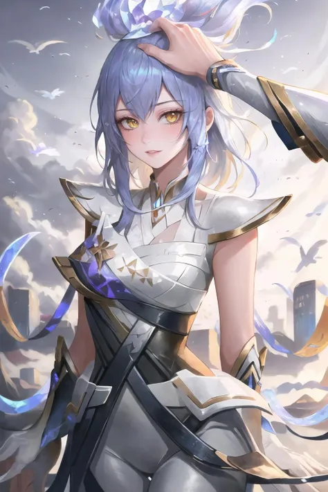 Highly detailed, High Quality, Masterpiece, beautiful, 1girl, solo, <lora:CyberHaloJana_1:1>, reigJannaChYS, yellow eyes, <lora:HeadpatPOV:0.8> HeadpatPOV, pov, headpat