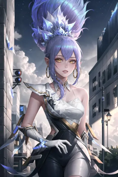 Highly detailed, High Quality, Masterpiece, beautiful, 1girl, solo, <lora:CyberHaloJana_1:1>, reigJannaChYS, yellow eyes, walking, street, lamppost, night, night sky, cloud, cloudy sky, walking, bare shoulders, gloves, dress, breasts, white gloves, hair ornament, bangs, hoop earrings, armor, upper body, white dress,