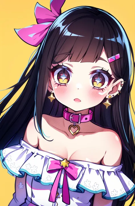 1girl, solo, long hair, looking at viewer, blush, bangs, blonde hair, simple background, hair ornament, dress, bow, bare shoulders, jewelry, collarbone, upper body, sidelocks, multicolored hair, frills, hairclip, striped, blunt bangs, off shoulder, star (symbol), collar, eyelashes, piercing, pink bow, ear piercing, yellow background, colored eyelashes, star hair ornament, multicolored eyes, off-shoulder dress
<lora:1001stars_A-1_:0.75>