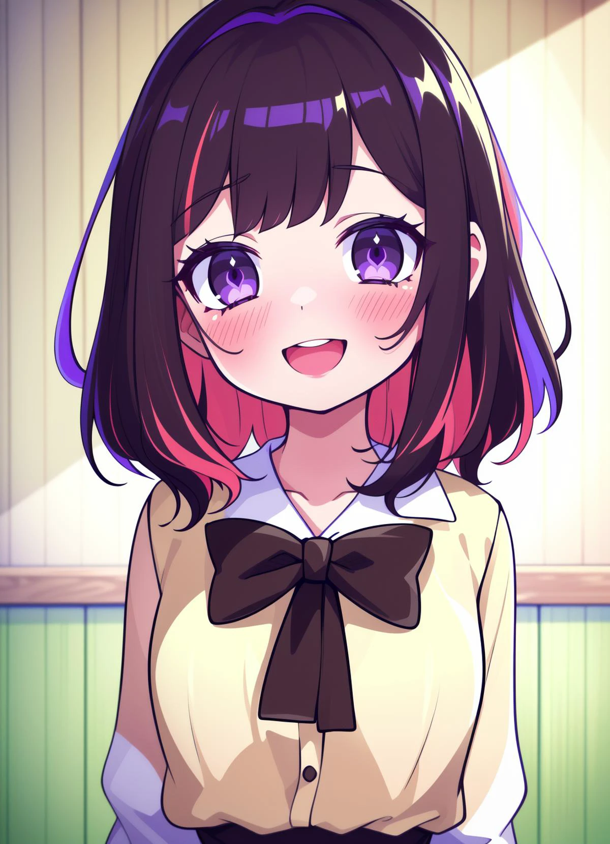 (masterpiece, ultradetailed, highres. best quality:1.3), 1girl, purple_eyes, brown_hair, multicolored hair, happy_face, :D, blush, +_+, purple hair, green hair, <lora:1001stars_A-1_:0.5>