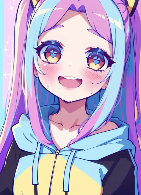 (masterpiece, ultradetailed, highres. best quality:1.3), 1girl, cute face, flat chest, blush, multicolored hair, long hair, multicolored background, hoodie, happy face, +_+,  <lora:1001stars_A-1_:0.6>