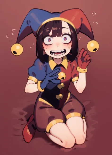 masterpiece, highest quality, best quality, 1girl, solo, looking at viewer,
black hair, blue eyes, red eyes, blue footwear, red footwear, blue gloves, red gloves, gloves, flying sweatdrops, hat, hat bell, jester, jester cap, multicolored clothes, multicolored eyes, multicolored headwear, pomni (the amazing digital circus), <lora:Pomni_civit:1>
lozhkin, accurate teeth with gaps, smiling, open mouth, <lora:lozhkin_V1:0.5>