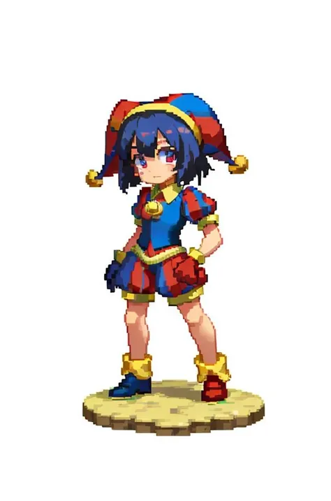 masterpiece, highest quality, best quality, 1girl, solo, looking at viewer, (chibi:1.1),
black hair, blue eyes, blue footwear, blue gloves, flying sweatdrops, gloves, hanenosaki, hat, hat bell, highres, jester, jester cap, multicolored clothes, multicolored eyes, multicolored headwear, pomni (the amazing digital circus), red eyes, red footwear, red gloves, solo, standing, sweatdrop, tearing up, <lora:Pomni_civit:1>
pixel <lora:pixel_f2:0.5>