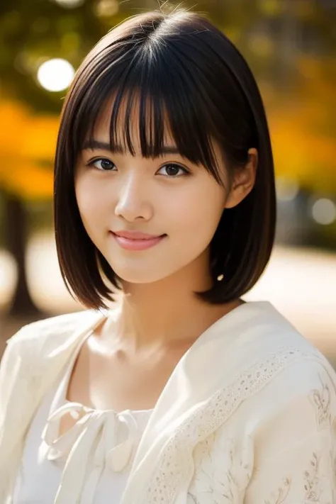 1girl,(wearing long jacket with white blouse:1.2),(RAW photo, best quality), (realistic, photo-realistic:1.4), masterpiece, an extremely delicate and beautiful, extremely detailed, 2k wallpaper, Amazing, finely detail, extremely detailed CG unity 8k wallpaper, ultra-detailed, highres, soft light, beautiful detailed girl, extremely detailed eyes and face, beautiful detailed nose, beautiful detailed eyes,cinematic lighting,city lights at night,autumn scenery,maple leaves in autumn,perfect anatomy,slender body,smiling <lora:harananoka_lora:0.8>,short hair