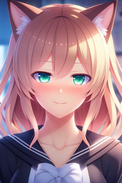 extremely aesthetic, best quality, visual novel cg, 1girl, solo, depth of field, looking at viewer, blush, slight smile, cat ears, upper body,