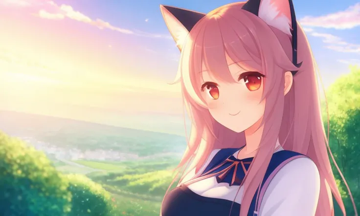 extremely aesthetic, best quality, newest, 1girl, solo, looking at viewer, blush, slight smile, cat ears, scenery,