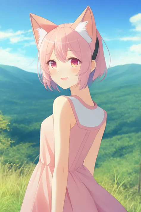 extremely aesthetic, best quality, newest, 1girl, solo, cat ears, blush, slight smile, scenery, full body,