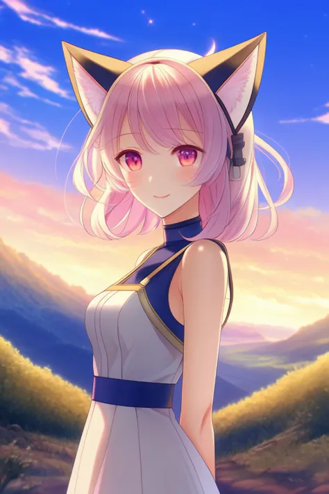 extremely aesthetic, very aesthetic, best quality, newest, 1girl, solo, cat ears, looking at viewer, blush, slight smile, scenery, full body,