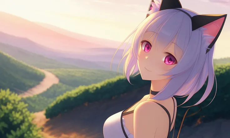 extremely aesthetic, very aesthetic, best quality, newest, 1girl, solo, cat ears, looking at viewer, blush, slight smile, scenery, full body,