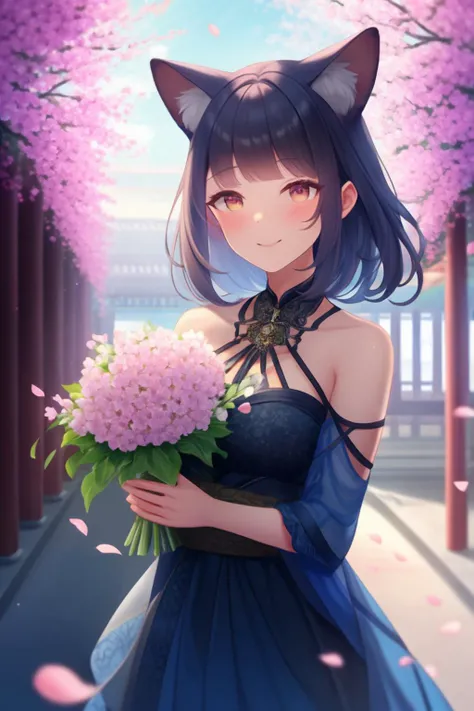 extremely aesthetic, best quality, newest, 1girl, solo, looking at viewer, blush, slight smile, scenery, cherry blossoms, scenery, flowers, petals, vegetation, wind, cat ears, dress, bare shoulders, holding a flower bouquet, shrine,