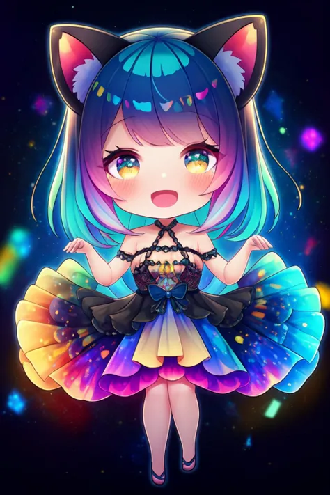 extremely aesthetic, best quality, newest, 1girl, solo, looking at viewer, blush, open mouth, light smile, colorful, cat ears, dress, bare shoulders, chibi,
