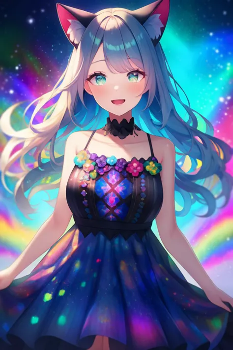 extremely aesthetic, best quality, newest, 1girl, solo, looking at viewer, blush, open mouth, light smile, colorful, cat ears, dress, bare shoulders,