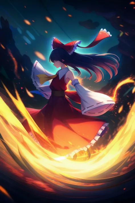 1girl, solo, very aesthetic, best quality, newest, straight hair, depth of field, rim lighting, fire, dungeon, hakurei reimu, bare shoulders, detached sleeves, closed eyes, yellow ascot, floating, looking down, casting spell,