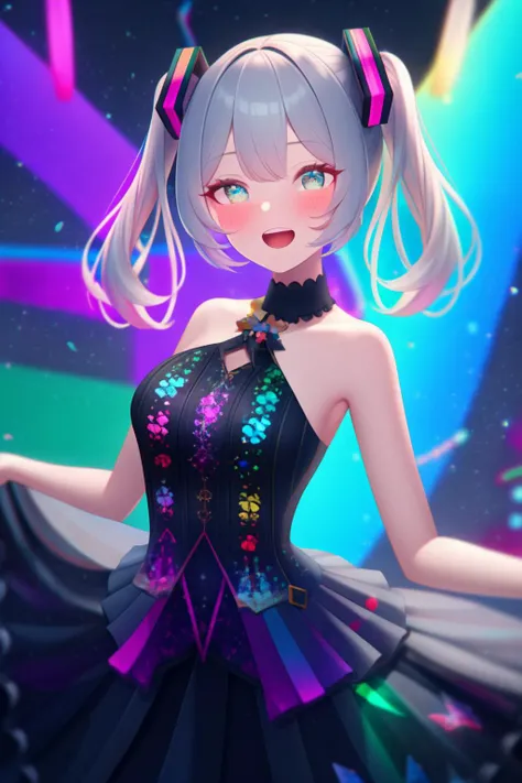 Detailed and smooth, top quality, Very fine hair, cute, Ash gray twin tails, Holographic glowing hair, slender, Classy sex appeal, A thrilling sight, glamorous, Captivating the audience, love at first sight, Balance your body type and composition, ARW, there is, Vibrant colors