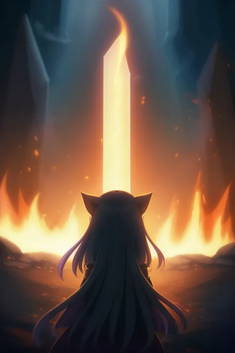 1girl, solo, very aesthetic, best quality, newest, straight hair, depth of field, from behind, looking up, rim lighting, cat ears, fire, holding sword, pointing up, dungeon,