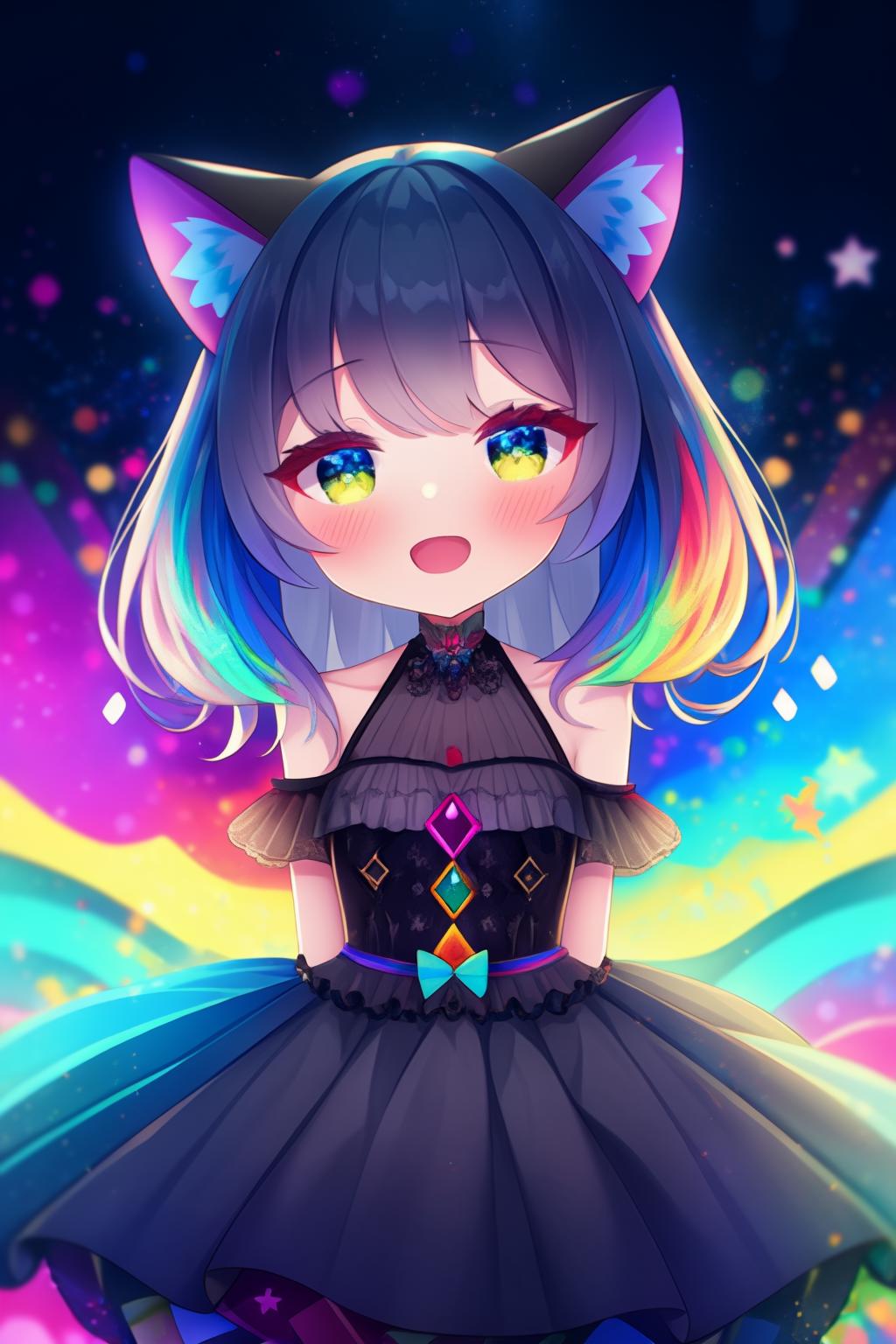 A girl with blue hair and a cat ears is standing in front of a colorful ...