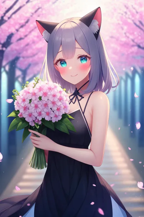 extremely aesthetic, best quality, newest, 1girl, solo, looking at viewer, blush, slight smile, scenery, cherry blossoms, scenery, flowers, petals, vegetation, wind, cat ears, dress, bare shoulders, holding a flower bouquet,
