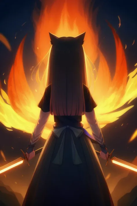 1girl, solo, very aesthetic, best quality, newest, straight hair, depth of field, from behind, looking up, rim lighting, cat ears, fire, holding sword, pointing up,