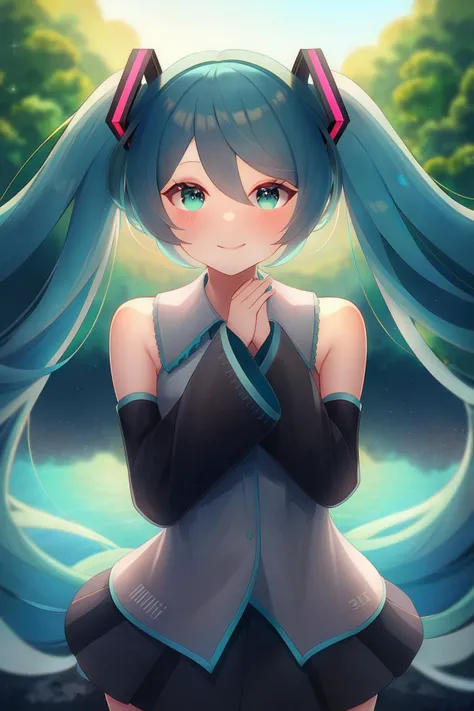 1girl, solo, hatsune miku, detached sleeves, looking at viewer, newest, extremely aesthetic, best quality, outdoors,