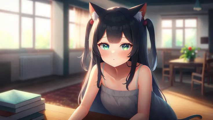1girl, solo, cat ears, straight hair, two side up, bare shoulders, casual, looking at viewer, newest, extremely aesthetic, best quality, indoors, furniture, depth of field,