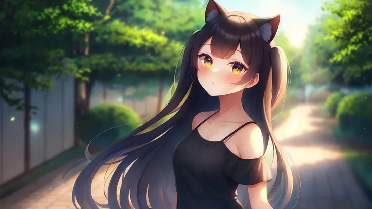 1girl, solo, cat ears, straight hair, two side up, bare shoulders, casual, looking at viewer, newest, extremely aesthetic, best quality, outdoors, depth of field,