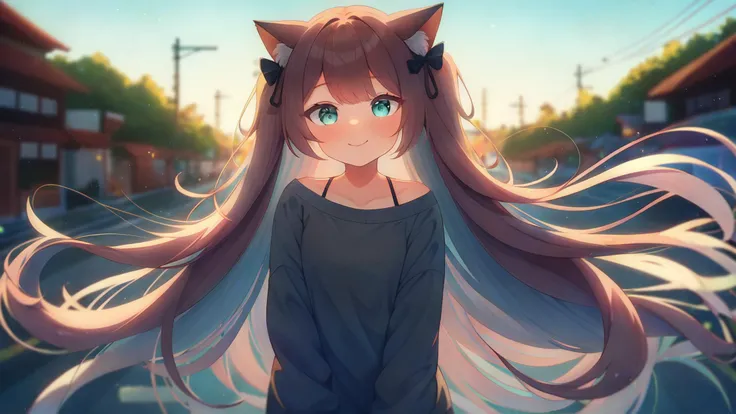 1girl, solo, cat ears, straight hair, two side up, bare shoulders, casual, looking at viewer, newest, extremely aesthetic, best quality, outdoors, Ao no Kanata no Four Rhythm \(xdx\),