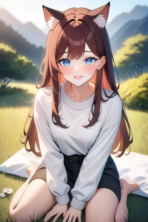 1girl, solo, cat ears, straight hair, raifu, blue eyes, white sweater, looking at viewer, smile, newest, extremely aesthetic, best quality, general, grass, outdoors, wariza, picnic,