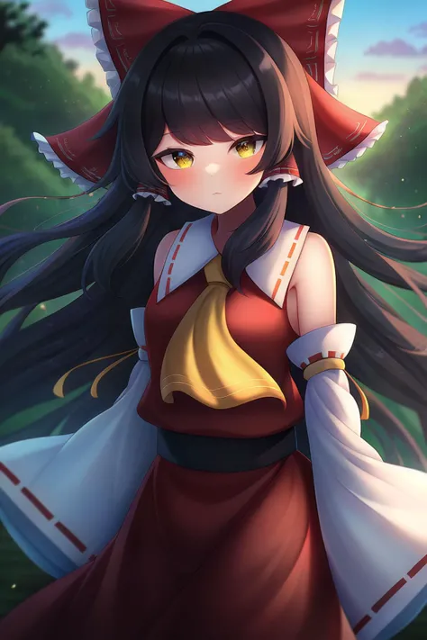 1girl, solo, hakurei reimu, bare shoulders, yellow ascot, straight hair, detached sleeves, looking at viewer, newest, extremely aesthetic, best quality, outdoors,