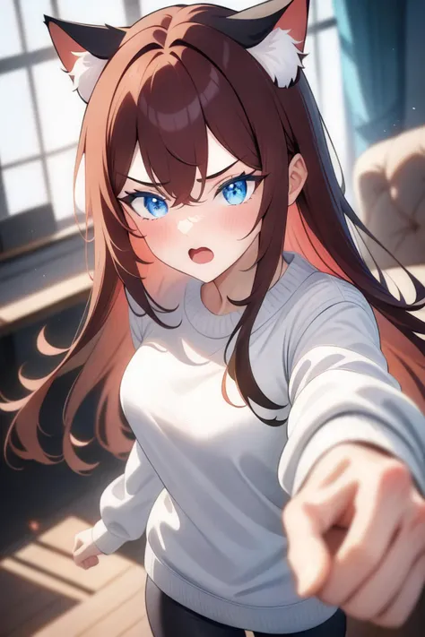 1girl, solo, raifu, blue eyes, cat ears, straight hair, white sweater, looking at viewer, newest, extremely aesthetic, best quality, indoors, furniture, depth of field, angry, frustrated, open mouth, fighting stance,