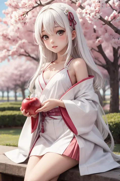 (masterpiece:1.2),best quality,extremely detailed,
BREAK
cute girl,(petite:1.3),solo,shiny skin,small breasts,very long hair,
detailed eyes,perfect anatomy,
cute eyes,(white eyes:1.3),(white hair:1.4),
BREAK
pink kimono,sakura kimono,
BREAK
sakura,sakura tree,apple,apple caramel,
BREAK
character focus,looking at viewer,holding apple,
BREAK
<lyco:Add More Details:0.4>