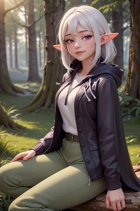 (high quality, best quality, masterpiece, grainy,high resolution, highly detailed:1.2), girl wearing, hooded cape,white hair, purple eyes, half closed eyes, tilted head, slight grin, detailed face, sitting on log, open expensive jacket, forest, capri pants, dynamic lighting, elf