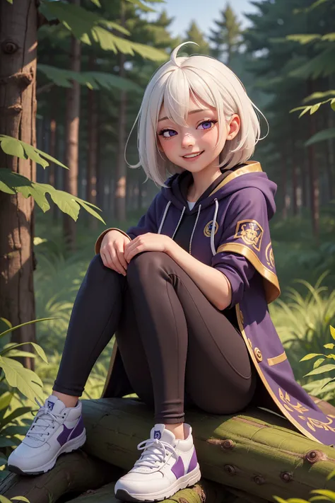 (high quality, best quality, masterpiece, grainy:1.2), girl wearing hood cape,white hair, purple eyes, half closed eyes, tilted head, slight grin, detailed face, sitting on log, jacket, forest, capri pants,