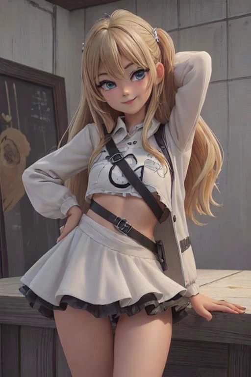 ((masterpiece, best quality, ultra-detailed))), (illustration), (beautiful detailed eyes), ((very cute detailed face)), (1girl), (solo),(Full_ body),Chica_anime_en_cuerpo_completo_con_un_frilled_bikini_blanco_y_brown_jacket,(hair)long_hair_blonde(blonde girl)_hair_back_lights_butt, back, ((smile))(cool pose), agressive drawing, Showing butt, (digital art)vectorial_art, trcoot style,arte_de_vectores, minimalista, rojo_monocromatico, (Vivas) vivido_energtico, divertido y emocionante, exquisita, small breasts, small tits.