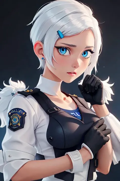 gwendolyn_tennyson, police uniform, toned, Oppai ,Upper body, blue eyes,white hair, dark tan, portrait, black legwear, collarbone, gloves,